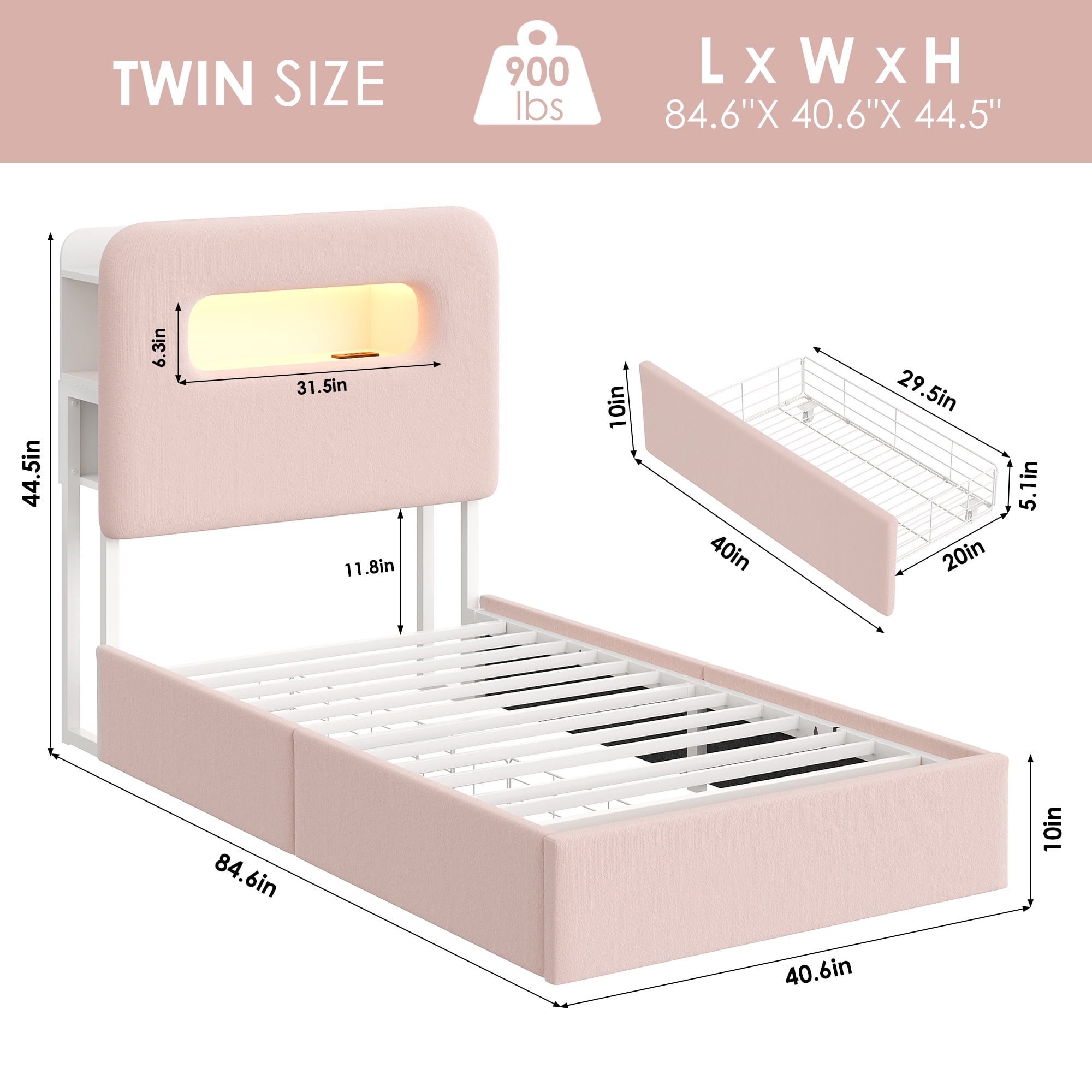 Homfa Twin Size Velvet Upholstered Bed with LED Lights & 2 Drawers, Storage Headboard Platform Bed Frame with USB Ports & Outlets, Pink