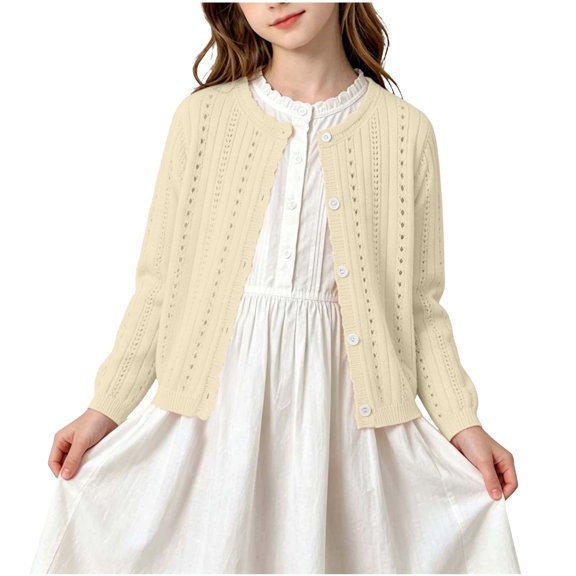 Iyufng Girls Eyelet Knit Cardigans Casual Long Sleeve Button Sweater