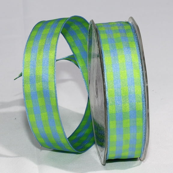 The Ribbon People Green and Blue Gingham Wired Woven Edge Craft Ribbon 1" x 54 Yards