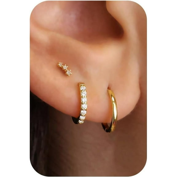 Earrings Stacks-14k Gold Plated Cubic Zirconia Accented Tiny Stud Dainty Huggie Hoop Earrings Set for Women Cartilage Earrings