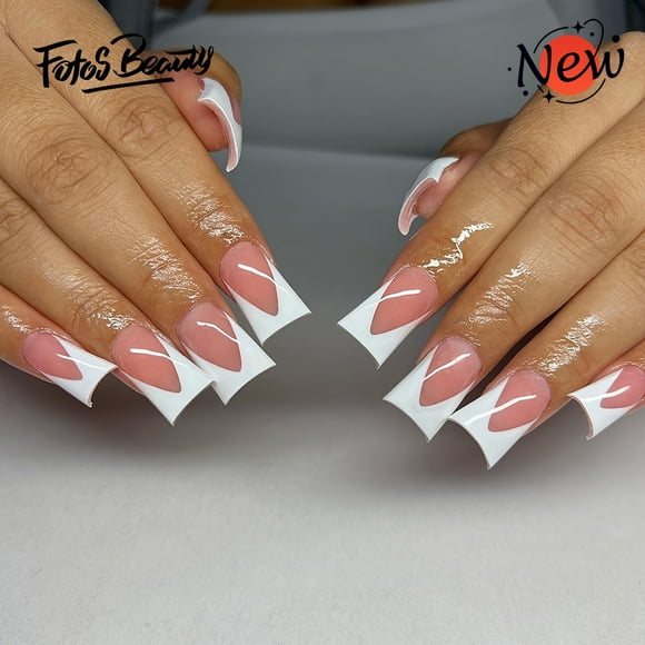 Fofosbeauty Press on Nails Tips, 24pcs Artificail Nails Tips Design, Duckbill White French