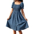 thumbnail image 3 of ClodeEU Women's Square Neck Puff Sleeve Denim Midi Dress,Casual Smocked Waist A-Line Sundress Blue,Women's Plus L, 3 of 9