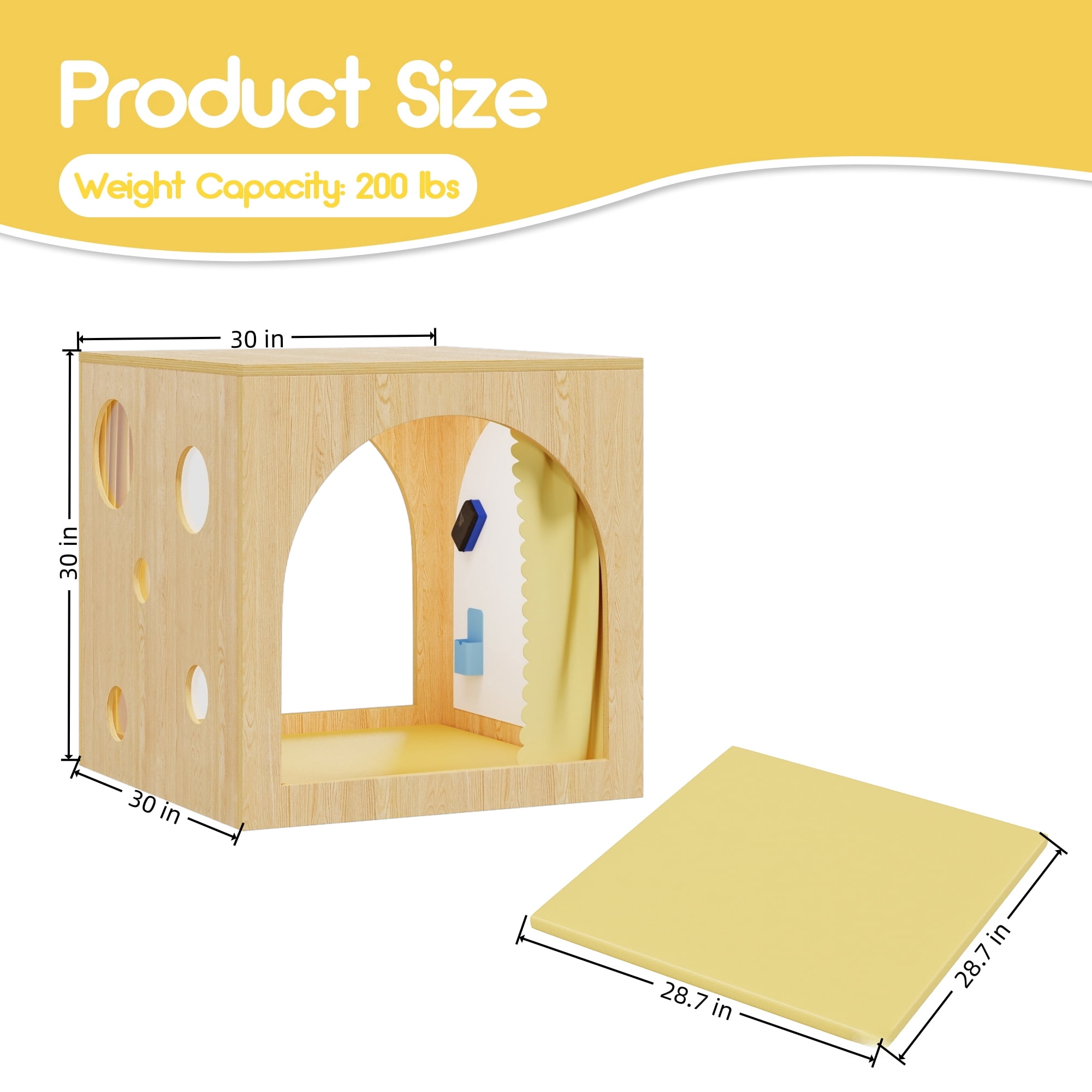 Advwin 30" Cozy Reading Cube with Curtains, Cushion Mat & Light, Wood Reading Nook Quiet Corner Playhouse with Whiteboard, Bookshelf & Acrylic Window Panel for Home School Classroom Daycare, Yellow