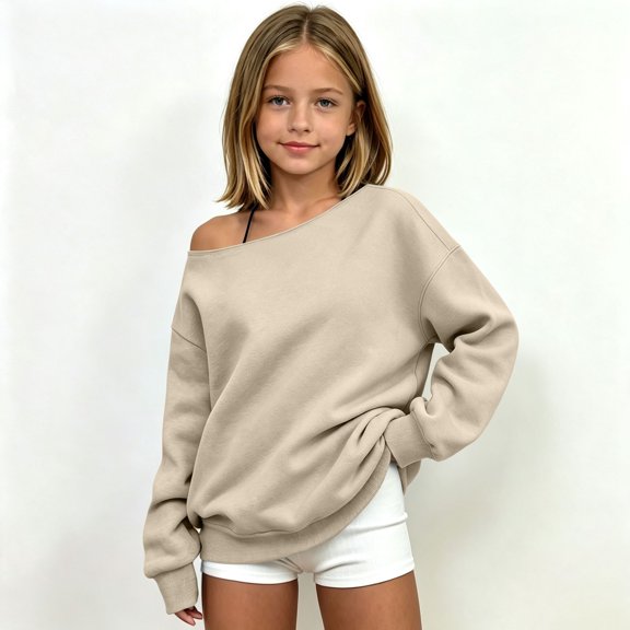CUZIBR Toddler Girls Off Shoulder Sweatshirt Oversized Solid Color Pullover Long Sleeve Leisure Fall Winter Clothes,Beige,3-4 Years