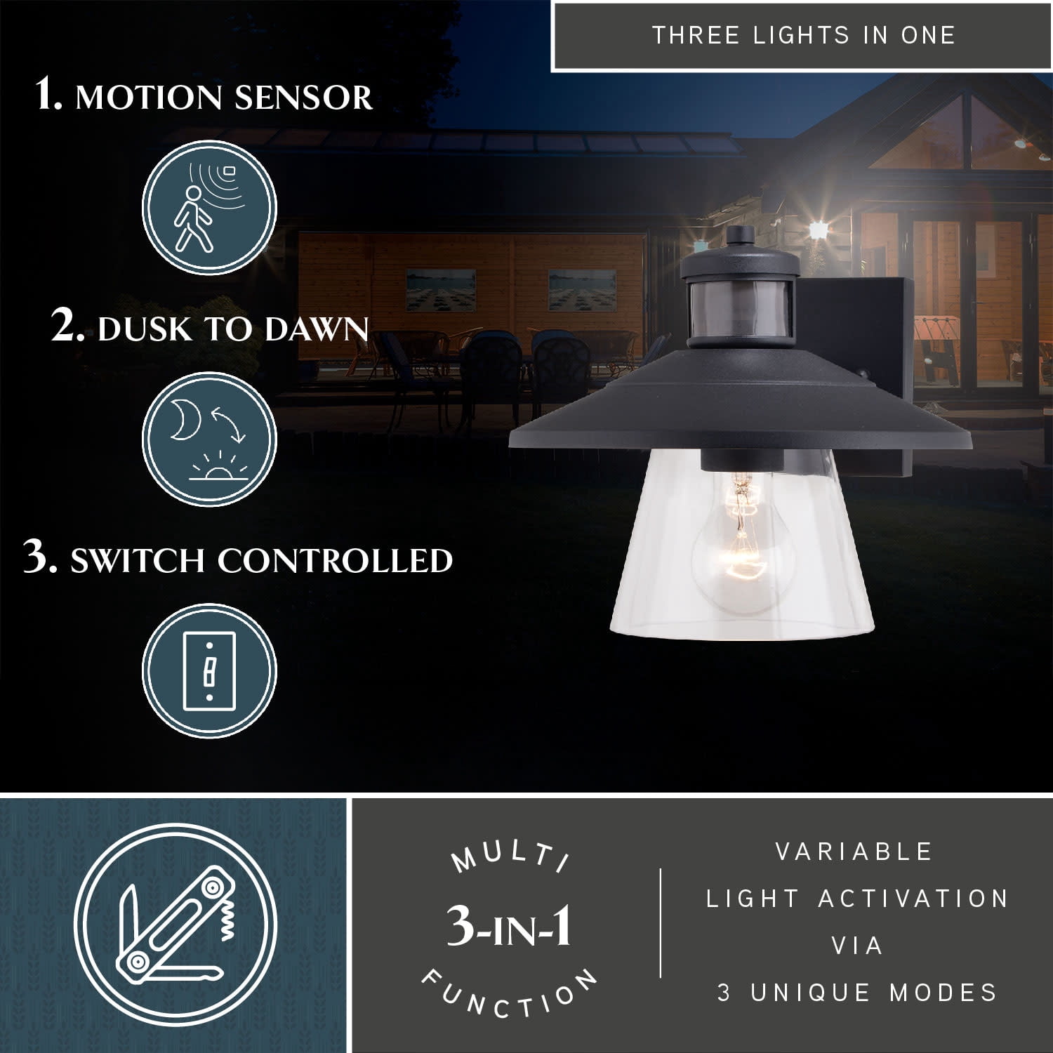 Westport Steel LED Compatible Black Motion Sensor Dusk to Dawn Outdoor Wall Light Coastal Clear Glass