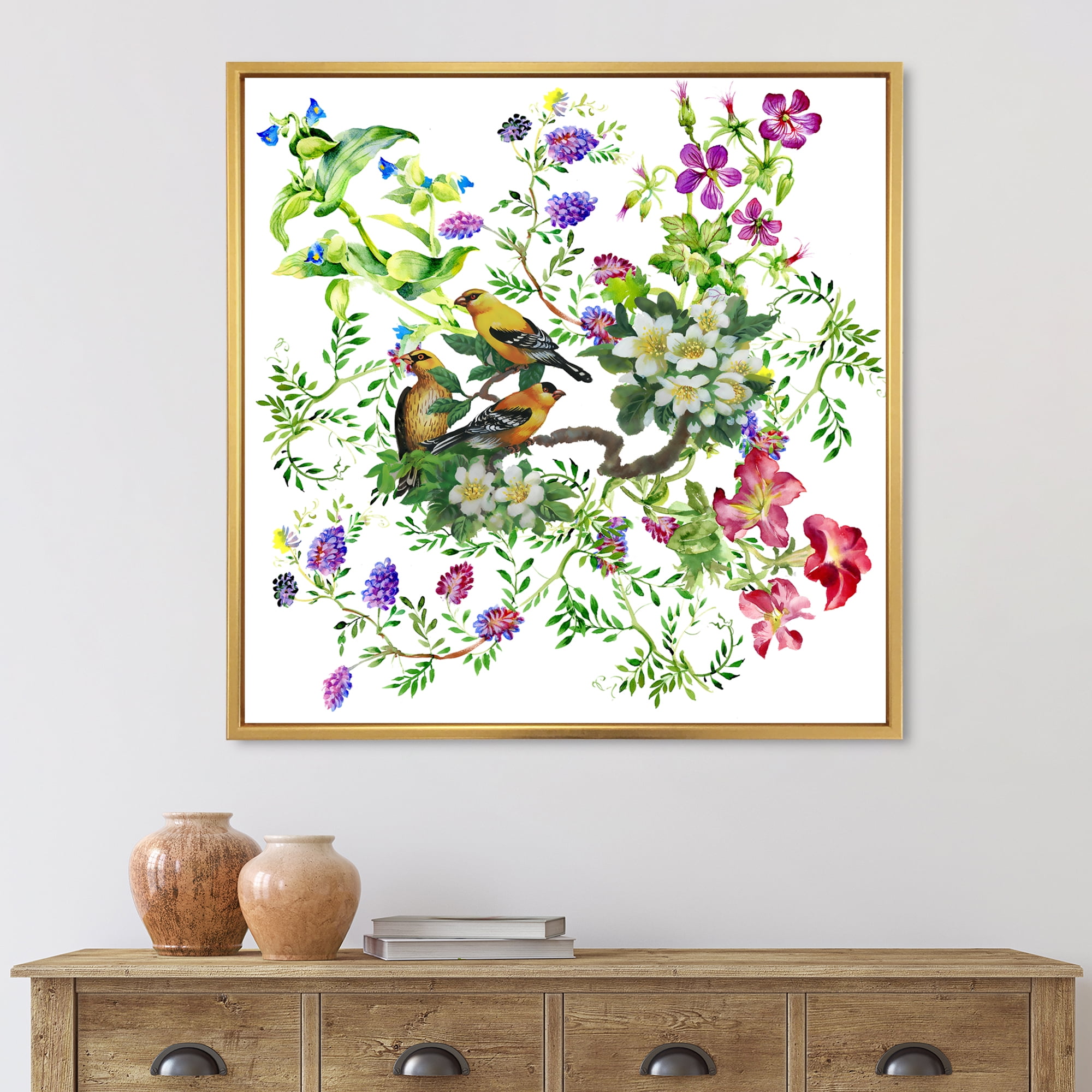 Designart 'Tropical Birds Sitting On Blooming Tree' Traditional Framed Canvas Wall Art Print