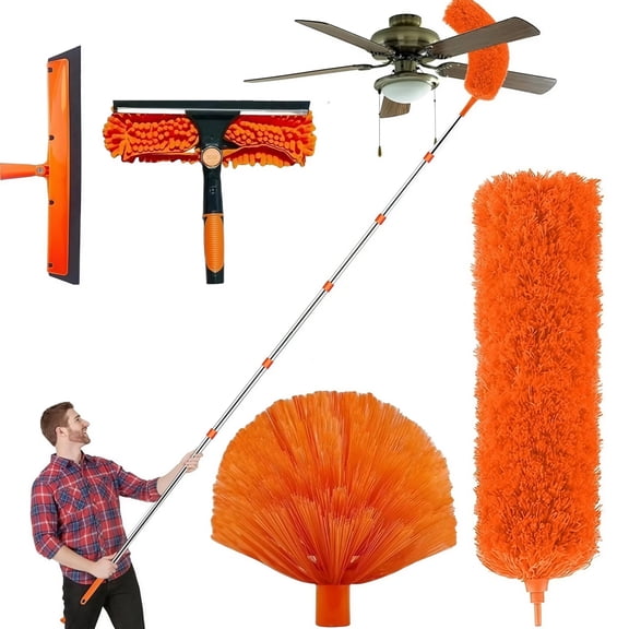 20FT High Reach Duster Kit with 3-12FT Splicable Extension Pole, Cobweb Duster, Window Squeegee & Scrubber, Spider Web Brush, Feather Duster for High Ceilings & Windows
