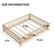 Queen Floor Bed Frame for Toddler, Montessori Floor Bed with Fence and Wood Slats for Girls Boys Kids Happy Time,Natural