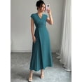 thumbnail image 4 of Teal Blue Womens V-Neck Ruched Waist Pleated Maxi Dress With Drop Shoulder Sleeve, 4 of 6
