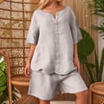 thumbnail image 2 of IWRICH Women's Short Sets 2 Piece Outfits Plus Size Linen Short Sleeve Shirts and Shorts Spring Summer Outfits Beige XXXL, 2 of 6