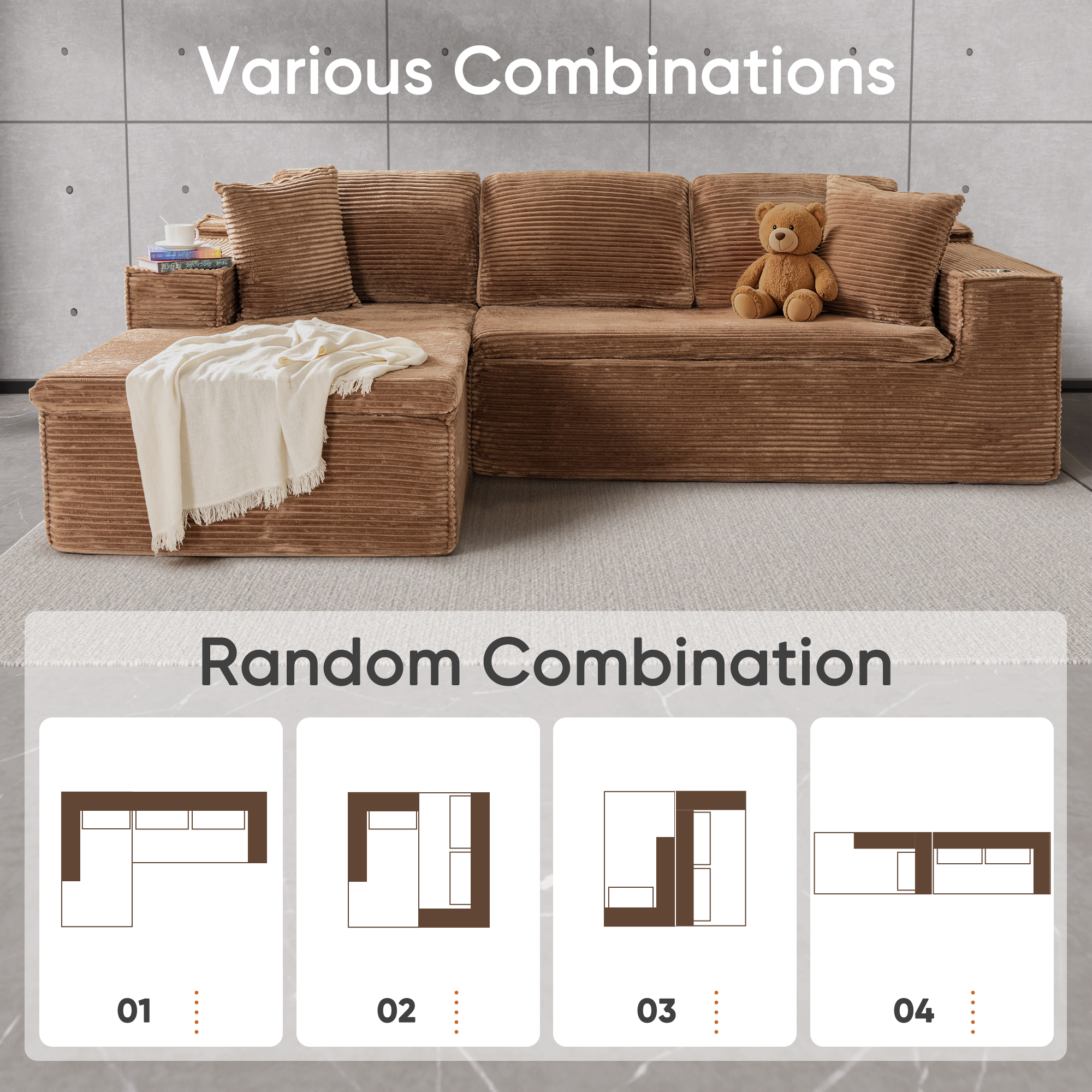 Homall 109" L-Shape Memory Foam Modular Sectional Sofa 3 Seat Oversized Upholstered Deep Seat Sofa Couch for Living Room,Bedroom and Apartment,Brown