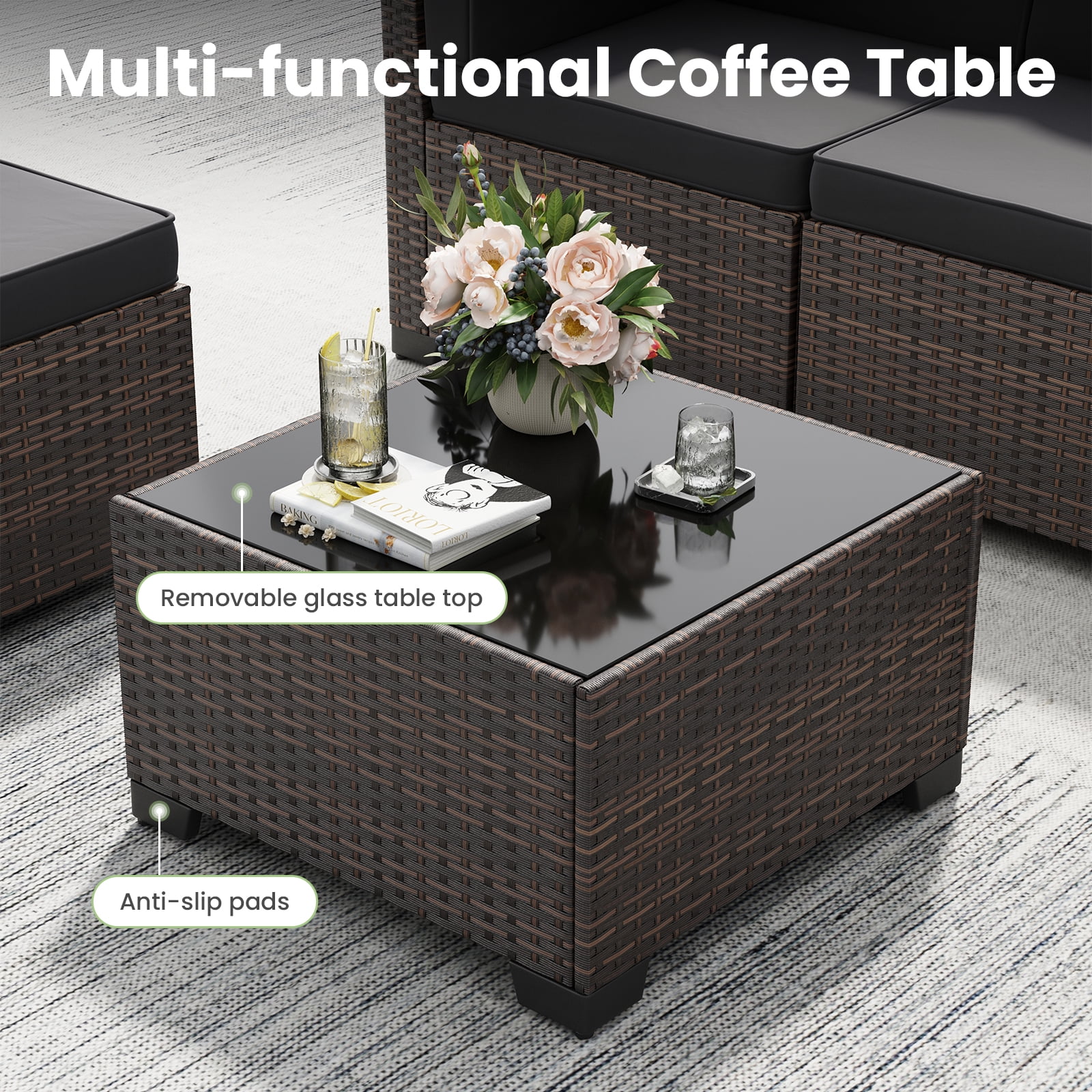 STARY 8 Pieces Outdoor Furniture Set with Fire Pit Table, Wicker Patio Sectional Sofas, All-Weather Outdoor Conversation Set for Garden, Black