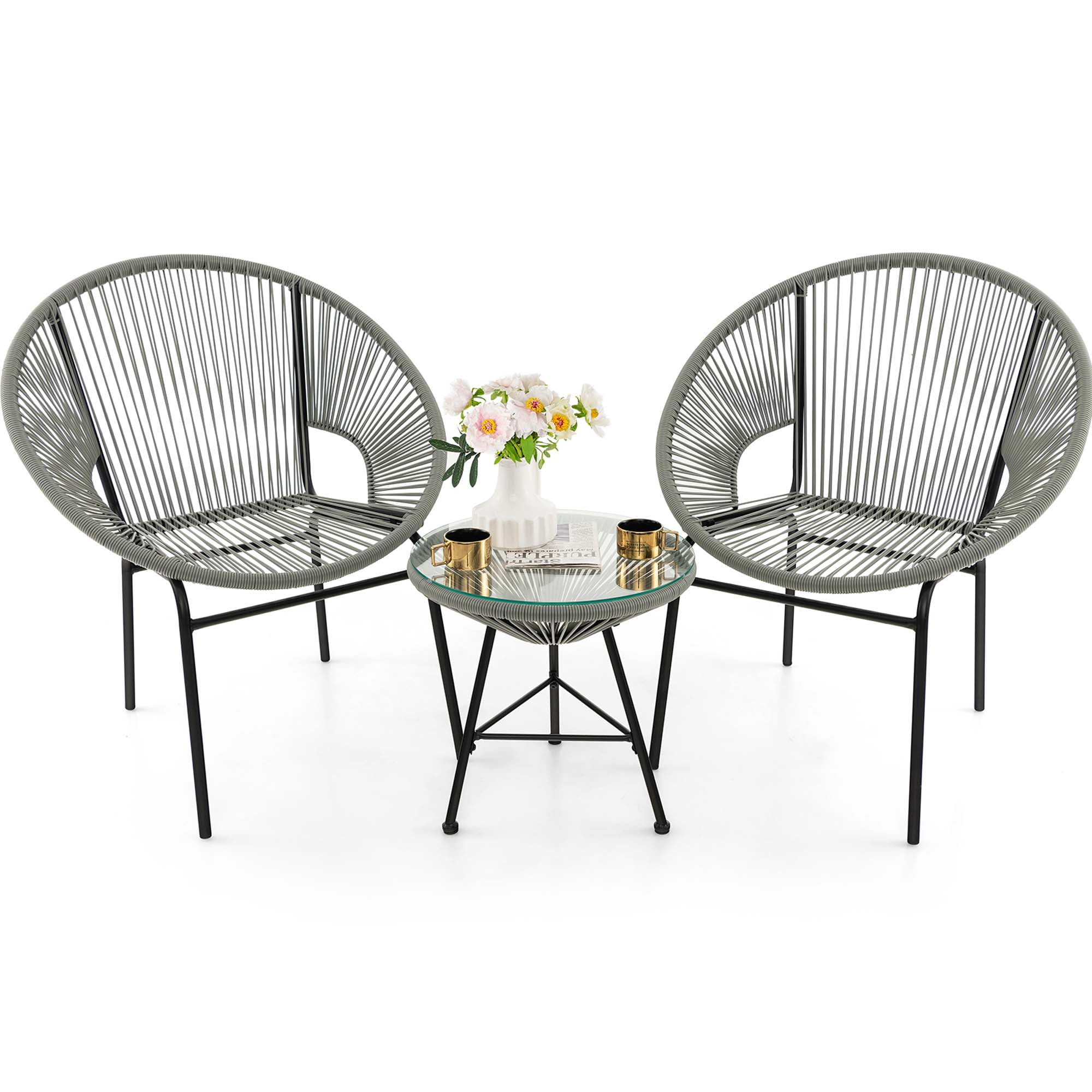 Costway 3PCS Patio Acapulco Furniture Bistro Set Plastic Rope Glass Table Grey