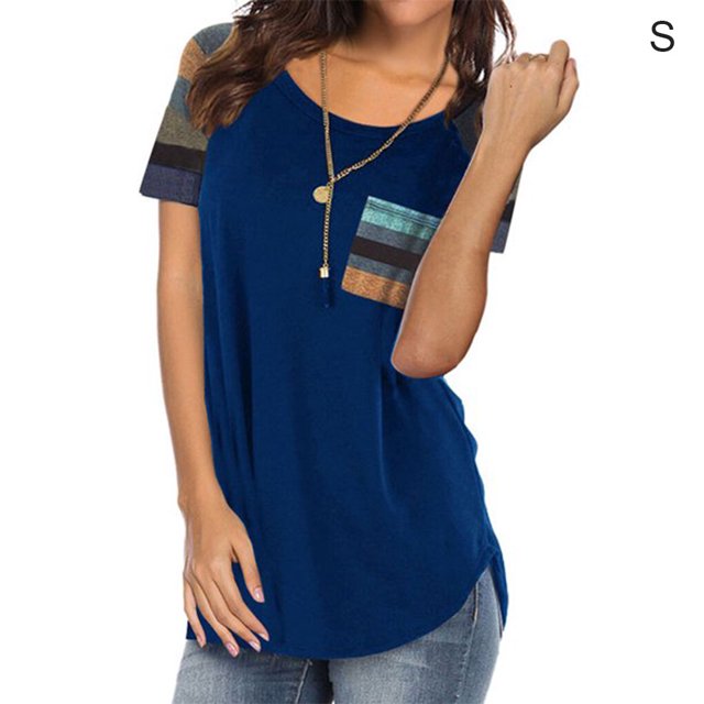 tredstone T-Shirt Femme à Manches Courtes Col Rond Haut à Rayures Poche T-Shirt, Bleu, S