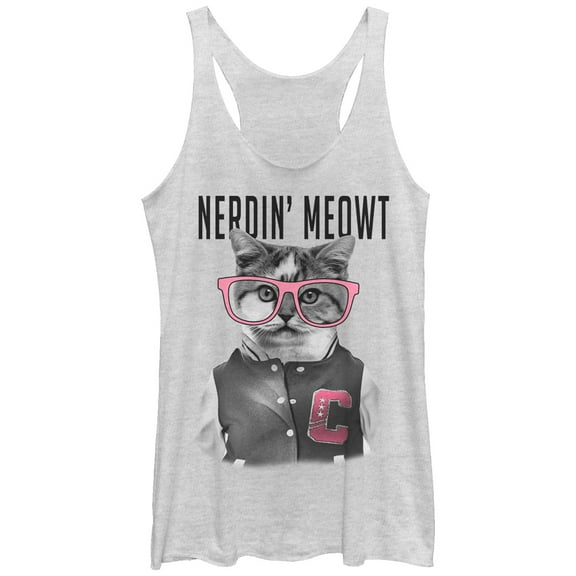 Women's Lost Gods Nerdin Meowt Kitten  Racerback Tank Top White Heather Small