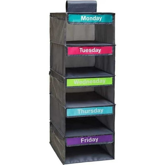 5-Tier Weekly Clothes Organizer for Kids, Kids Daily Shelf Hanging Closet Organizer with 6 Side Pockets, Days of The Week Hanging Storage Shelves, Grey