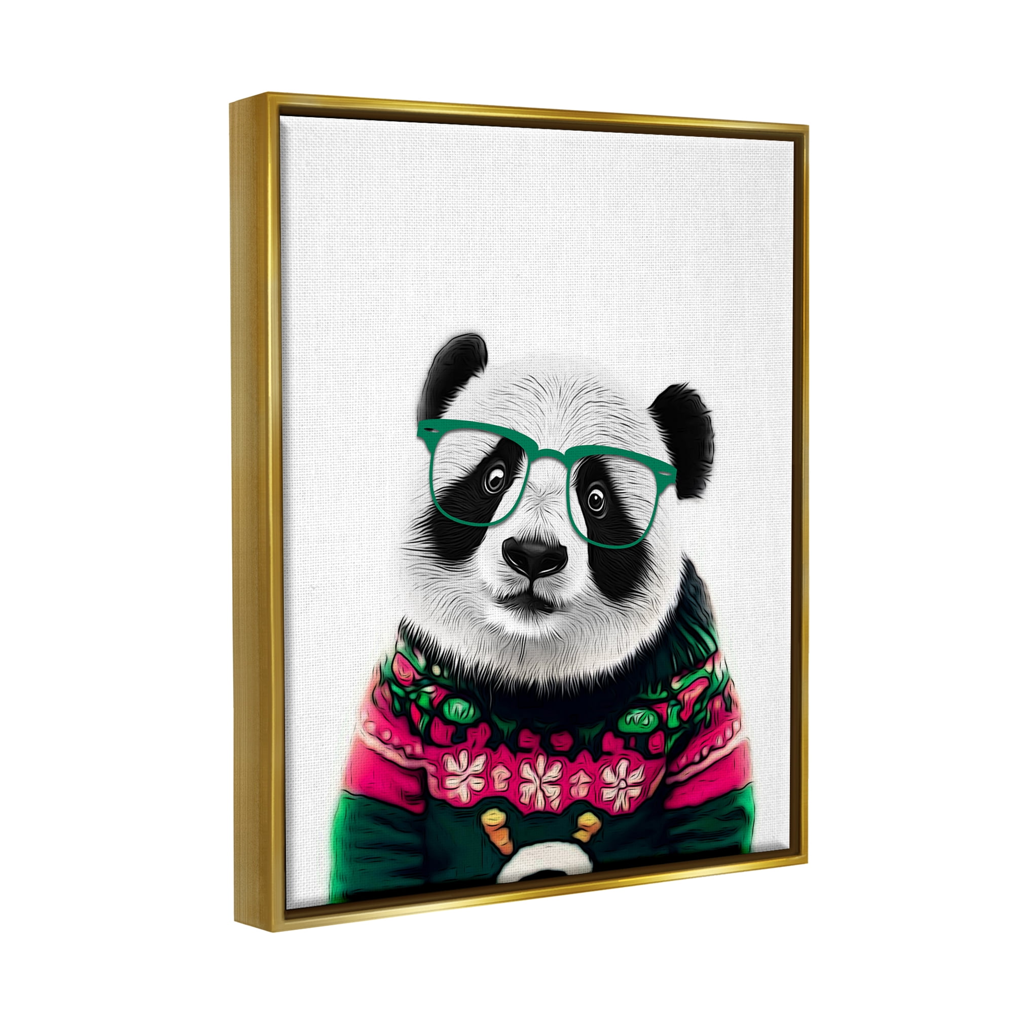 Stupell Industries Panda in Holiday Sweater Holiday Painting Gold Floater Framed Canvas Art Print Wall Art, 25 x 31