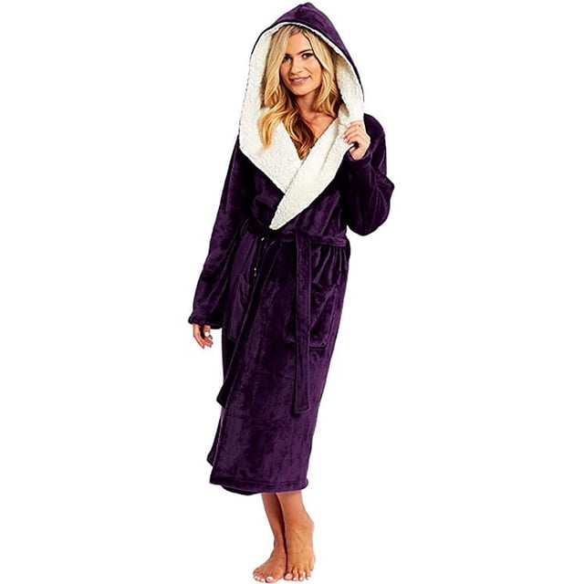 Batas Prolriy para mujer, bata de baño alargada de felpa de invierno para mujer, bata de manga larga, bata de mujer morada M