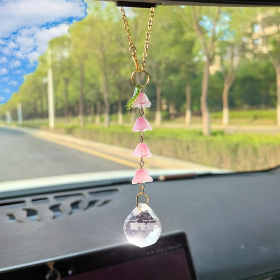 AURARMLET Car Rearview Mirror Pendant: Crystal Flower Sun Catcher Ornament - Cute Car Mirror Hanging Charm for Women - Automotive Interior Accessories