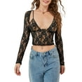 thumbnail image 3 of Sexy Club Party Low Cut T Shirt Vintage Floral Lace Sheer Crop Tops 2 Piece Set Matching Bralette Women Long Sleeve Tee, 3 of 10