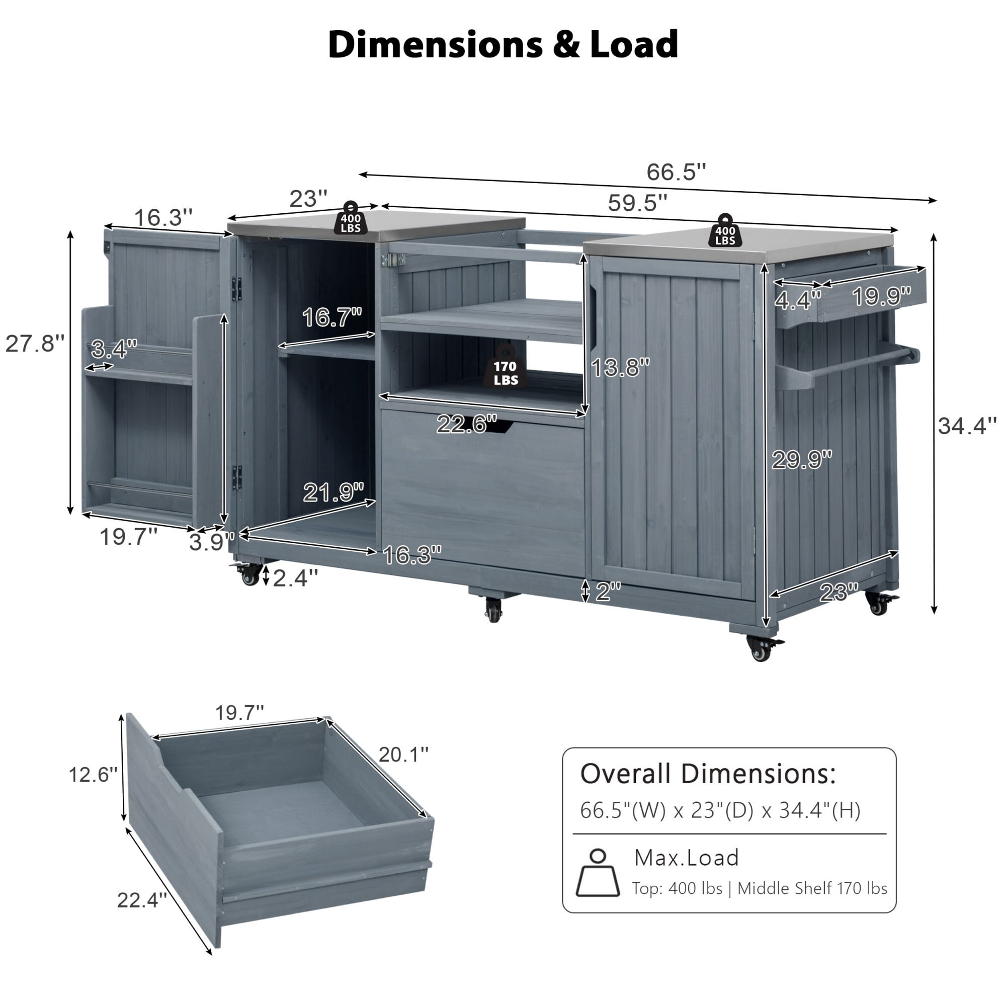 AENKYO 66.5" Outdoor Kitchen Island for Big Green Egg, Solid Wood Grill Cart with Stainless Steel Top, Gray Blue
