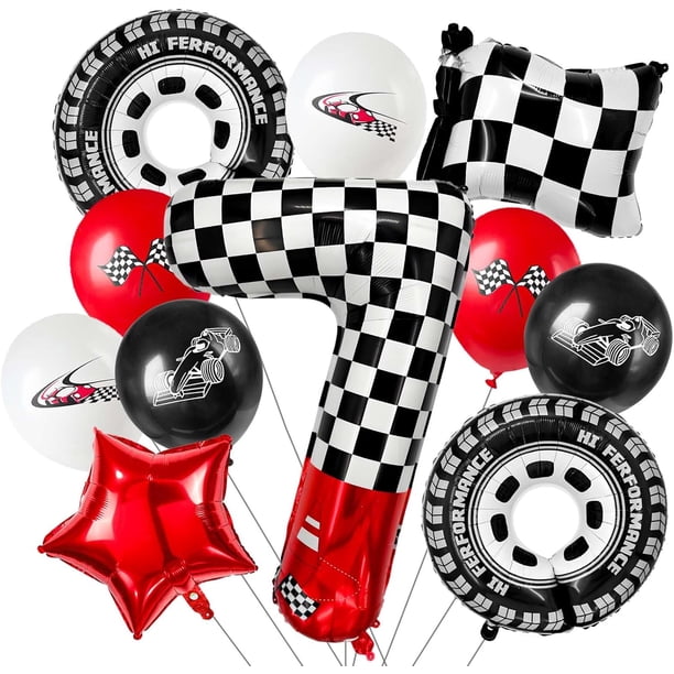 racing theme 40-inch digital foil balloon, featuring black and white checkered pattern and red racing elements, perfect for birthday party decorations and racing-themed events. (Number 3, 11)