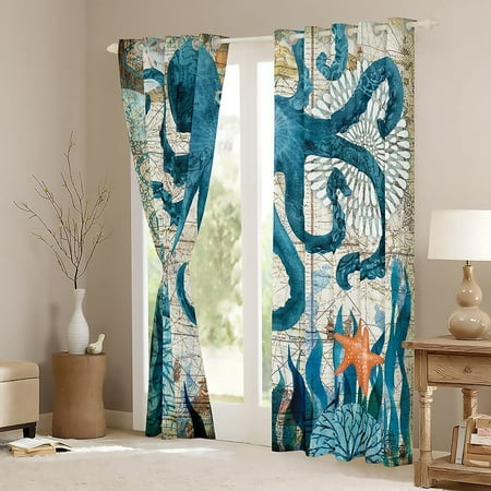 Octopus Curtains Coastal Map Print Bedroom Decor Window Marine Mediterranean Style Curtain Teal Ocean Animal Sea Wildlife Beach Theme Ds 2 Panel 52 X 63 Canada Octopus Curtains Coastal Map, Beach Style Window Curtains