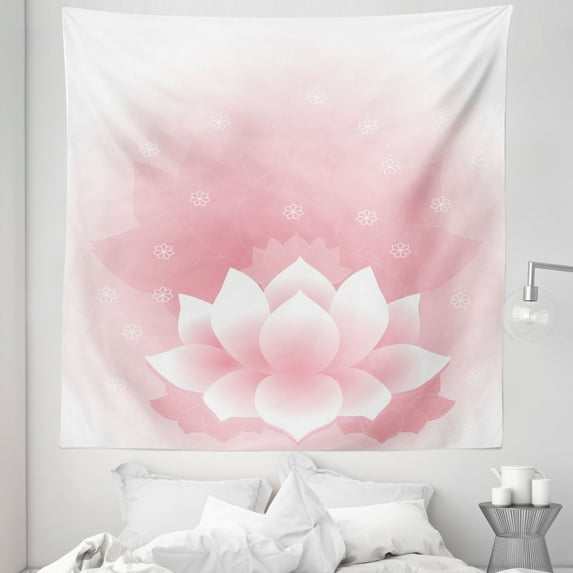 Floral Pink Tapestry, Pastel Colored Lotus Flower Ethnic Exotic Meditative Nature Themed Print, Fabric Wall Hanging Decor for Bedroom Living Room Dorm, 5 Sizes, Blush Rose White, by Ambesonne