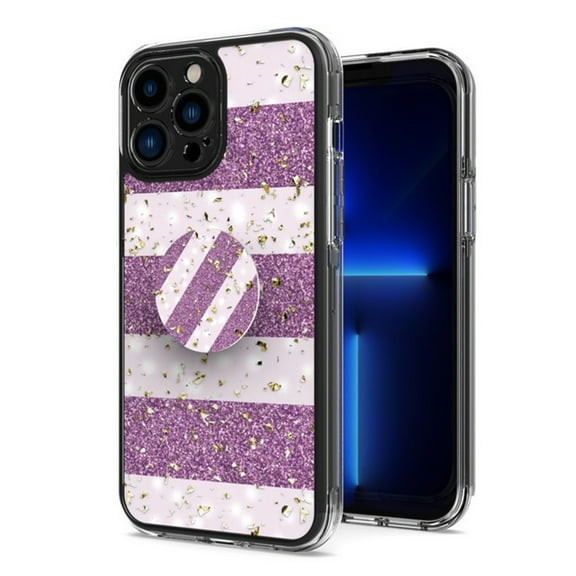 For Apple iPhone 15 Plus (6.7") Elegant Pattern Design Bling Glitter Hybrid Ring Stand Pop Up Finger Holder Kickstand Phone Case Cover by Xpression - Purple White