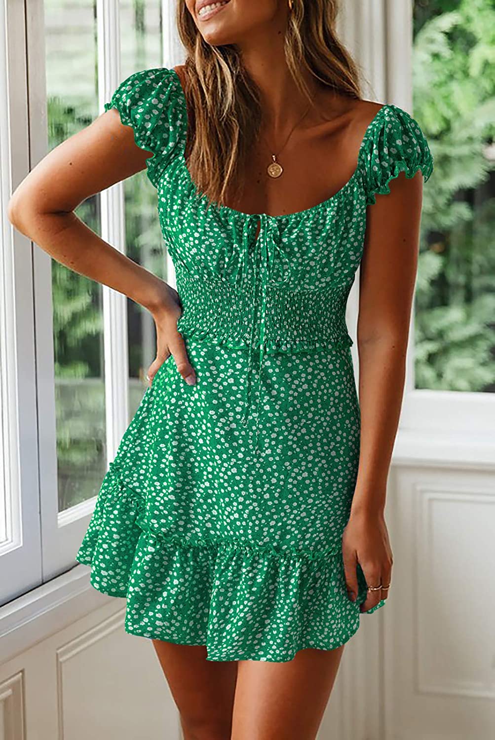 Womens Smocked Dress Ruffle Floral Tie 