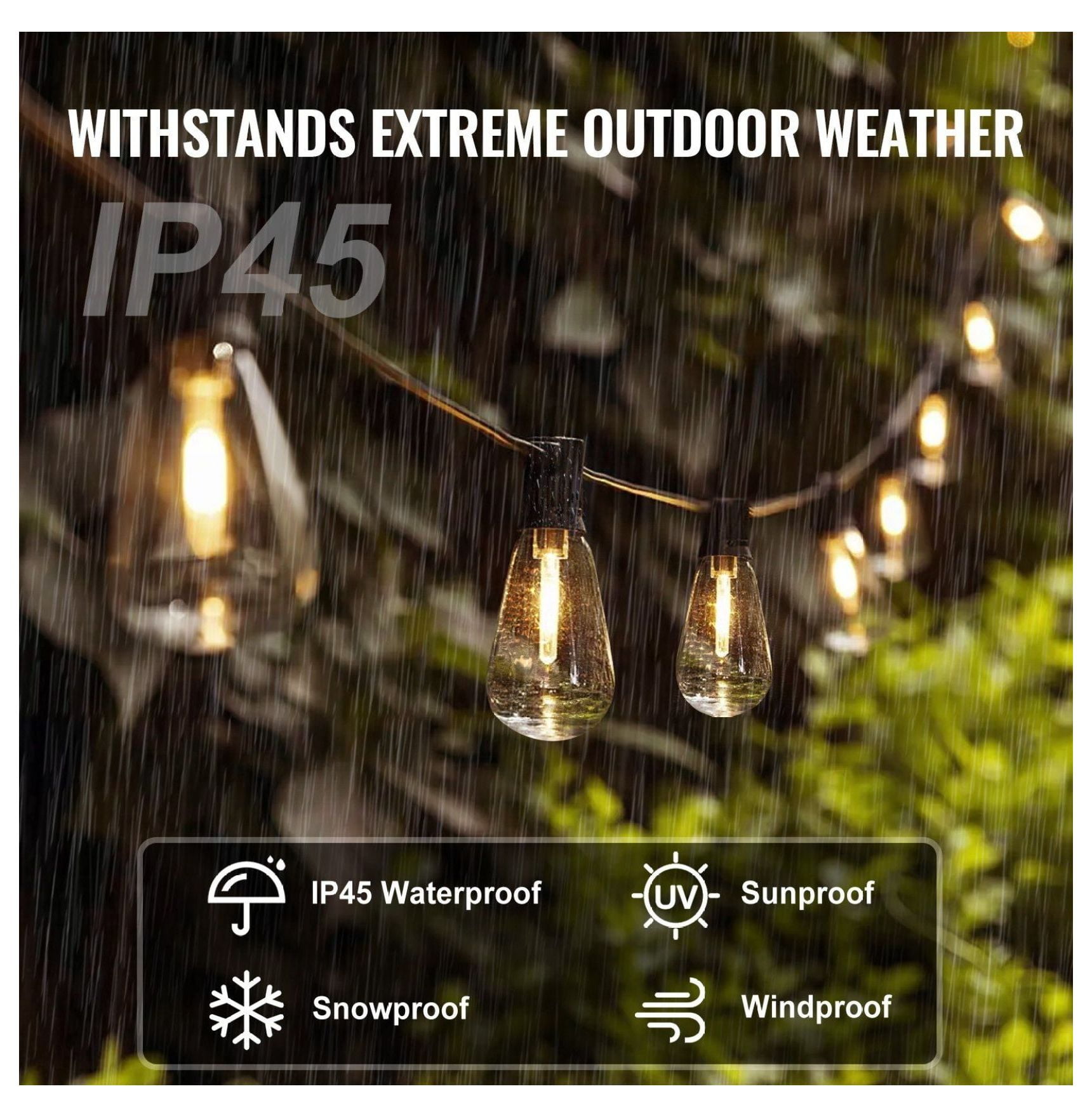50FT LED String Lights Outdoor, 15 Bulbs Waterproof Patio Lights - S14 Shatterproof - Warm White 2700K for Garden, Porch, Party Decor