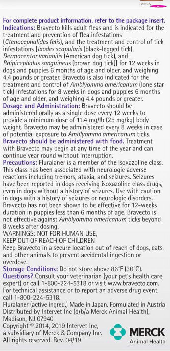 Bravecto Flea and Tick Chews for Dogs, 88-123 lbs, (Pink Box)