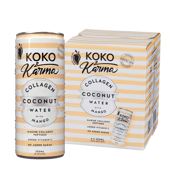 Koko & Karma Mango Coconut Water, Collagen & Vitamin C, No Added Sugar, 8.45 fl oz Cans, 4 pack