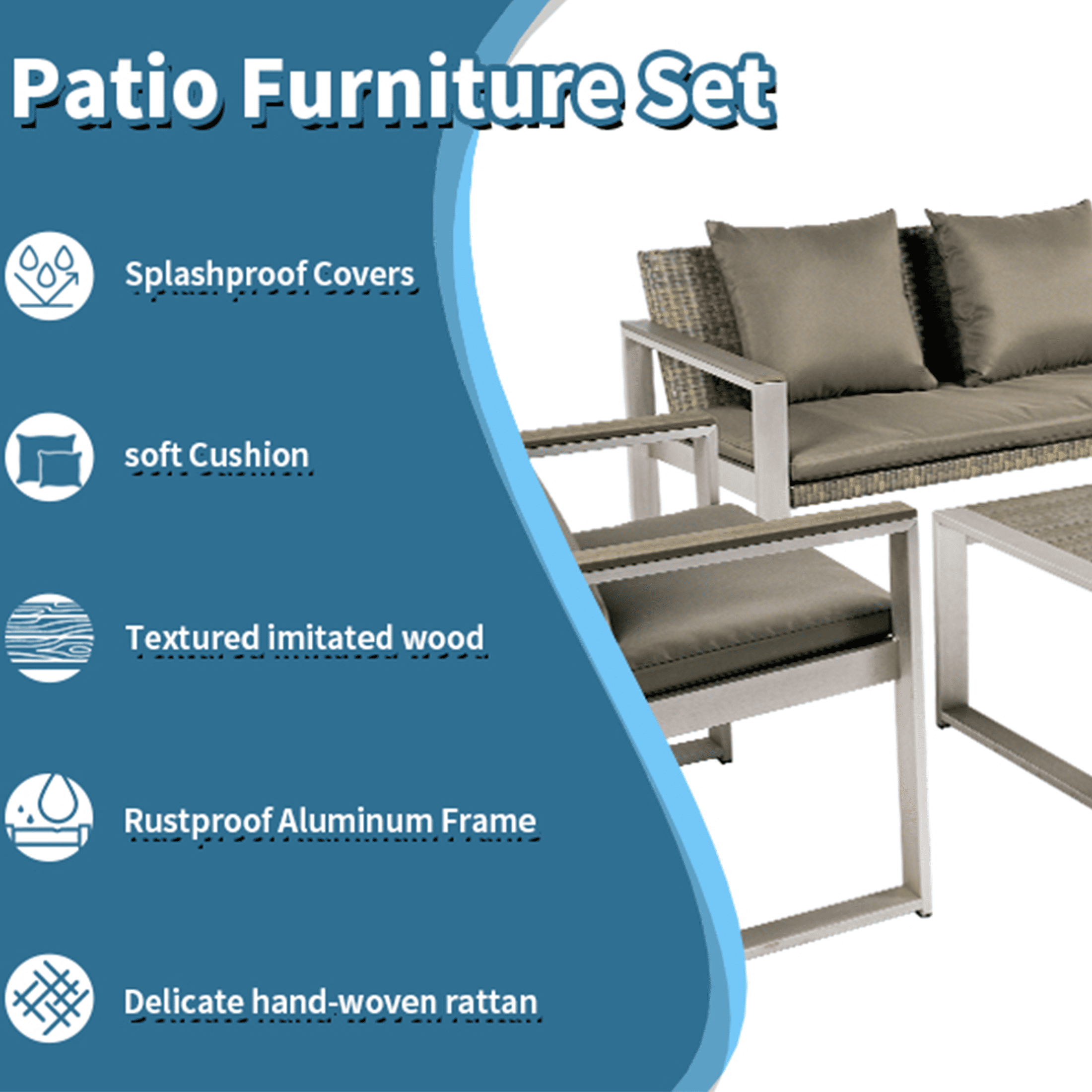 PORKISS Outdoor Patio Furniture Set, Aluminum and Rattan 4 Piece Sofa Seating Group with Cushion and Table, Modern Conversation Set for Garden, Pool, Gray/Silver