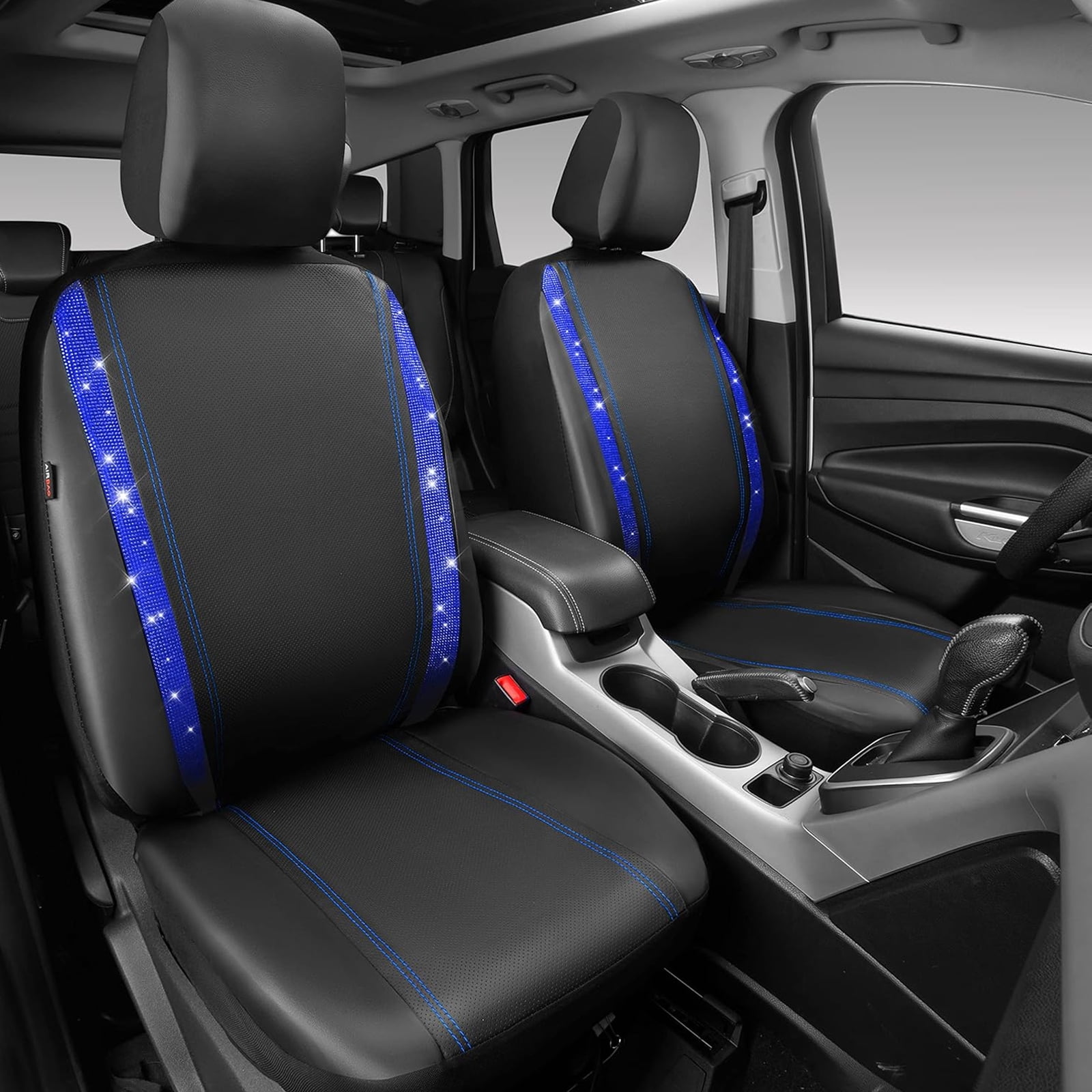 Car-Grand Bling diamond Rhinestone Leather car seat covers front pair shinning spark glitter crystal cute universal fit automotive glitter SUV truck sedan women girly Blue
