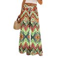 thumbnail image 2 of Summer Bohemian Wide Leg Lounge Pants Women Retro Patchwork Print Elastic Drawstring Waist Flowy Palazzo Pants with Storage Pockets Green M, 2 of 8