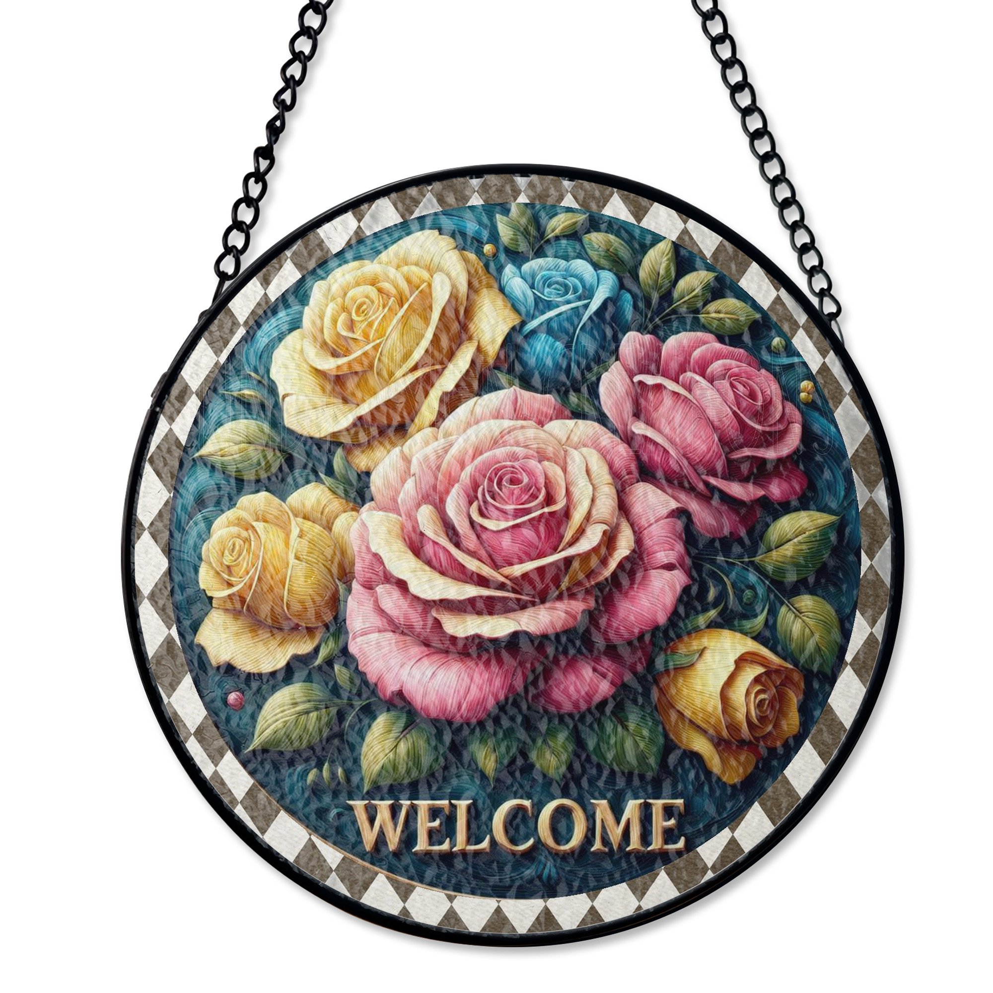 Colorful Roses Welcome Stained Glass Style Suncatcher UV Printed Glass Spring Summer Floral Decor Round