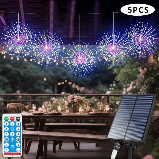 YOPTOP 5 Pcs 450LEDs Solar Starburst Sphere Light Firework Lights Remote Control Timer 8 Modes Dimmable Hanging Fairy Light Copper Wire Sparkly Lights For Patio Party Tent Christmas