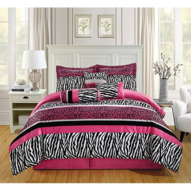 Grandlinen 5 Piece Twin Size Hot Pink Black Animal Print Safari Comforter Set Leopard Zebra Velvet Bedding With Accent Pillows And Bed Skirt Com Animal Print Safari Comforter Set, Pink Leopard Print Bedding King Size