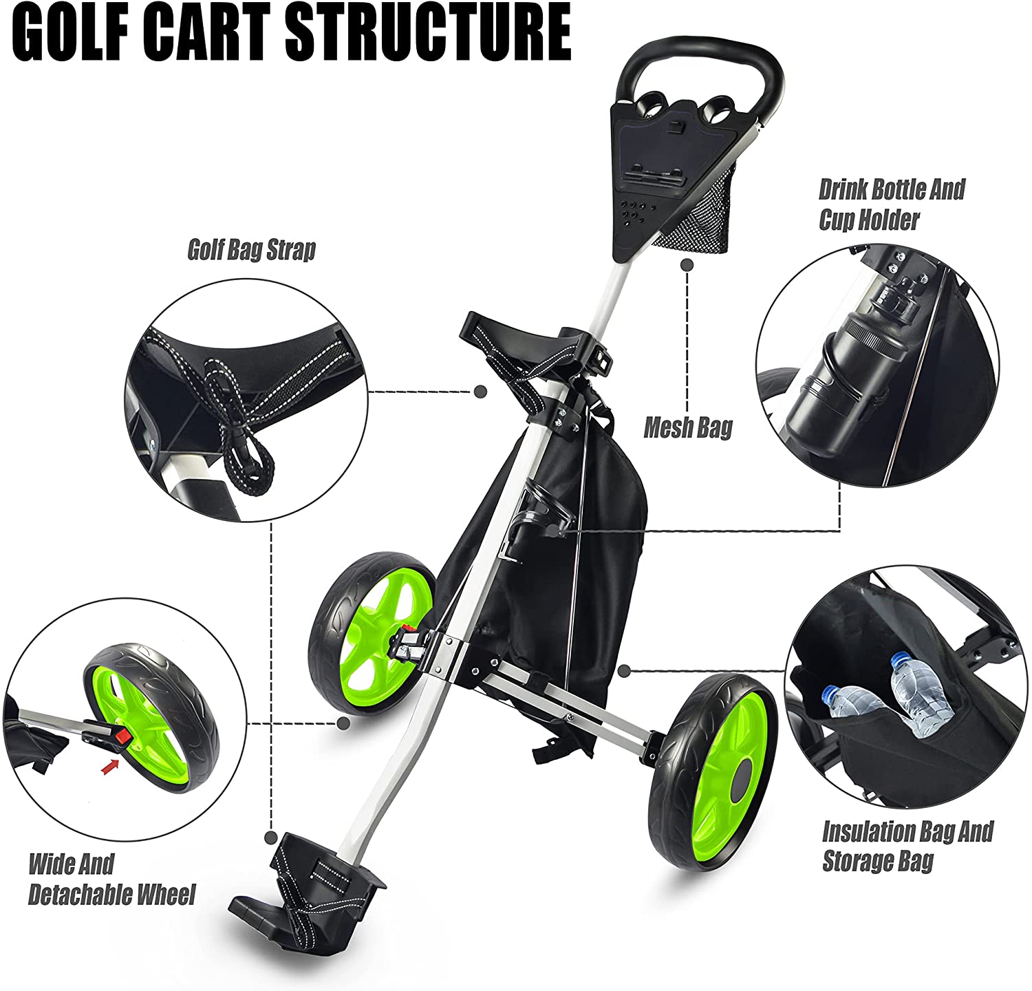 BOBOPRO Golf Cart,Golf Pull Cart Trolley,2 Wheels One Second to Open & Close Folding Cart,Storage Bag,Cup Holder, Golf Bag Holder,Lightweight Compact Golf Accessories, Best Gifts for Men Women - image 2 of 6