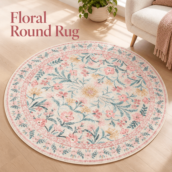 OZERA Sylvie Boho Light Pink Round Rug 4ft, Washable Non‑Slip Circular Carpet, Pink & Green Nursery Rug for Kids Bedroom, Girl Decor for Sunroom, Blush