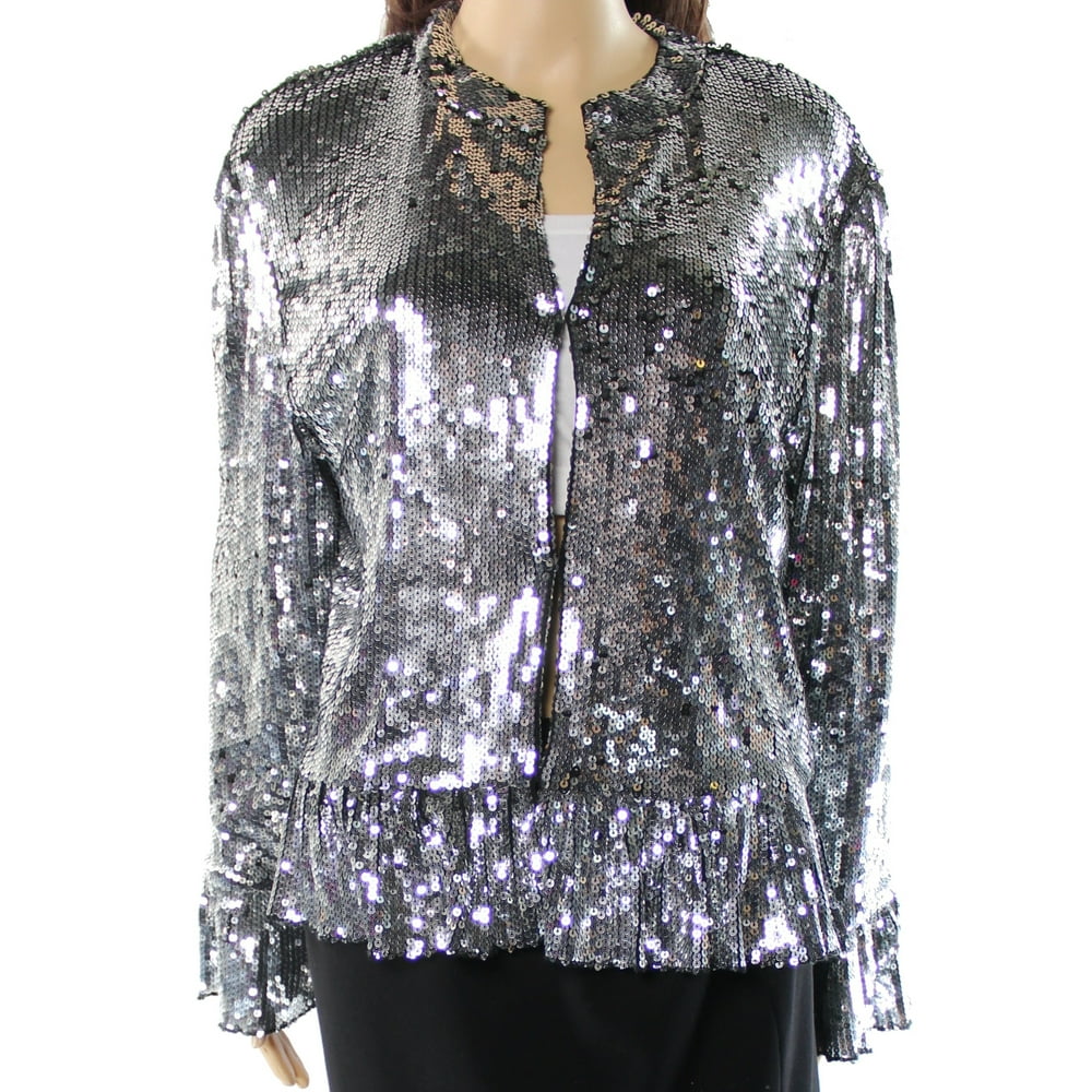 INC INC NEW Silver Women's Size XL Sequin Embellished Open Front