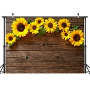 7X5ft Rustic Brown Wood Board Photo Backdrop, Yellow Sunflower Farmhouse Retro Style Background Photography Wedding Party Baby Shower Wall Decoration Back drop Wall for Studio Props