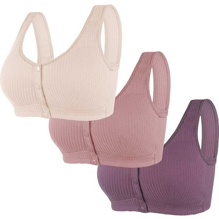 REORIAFEE Bras for Women Push up No Wires 3 Pack Front Closure Wirefree Gathered Together Bras Striped Brassiere Breathable Wide Strap Comfy Corset Underwear Classic Lingerie Beige XXL44/100