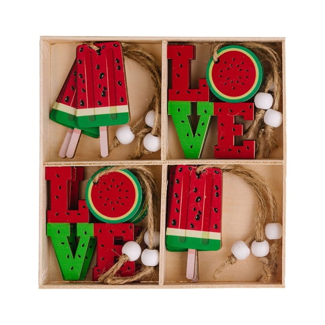12pcs Hangings Watermelon Style 4 Boxes Wooden Pendant Summer Simulation Watermelon Small Pendant