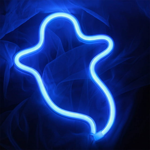 Blue Ghost Neon Sign, Battery Operated or USB Powered LED Neon Sign Light for Party, Home, Wall Decoration Lamp Kids Gift