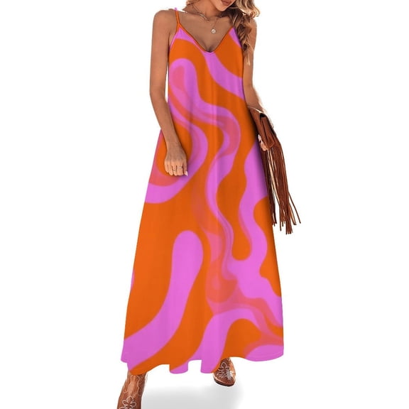 Abstract Pink Orange Wavy Lines Sleeveless Dress Loose Women's Dress Dresses Luxury Evening Dresses