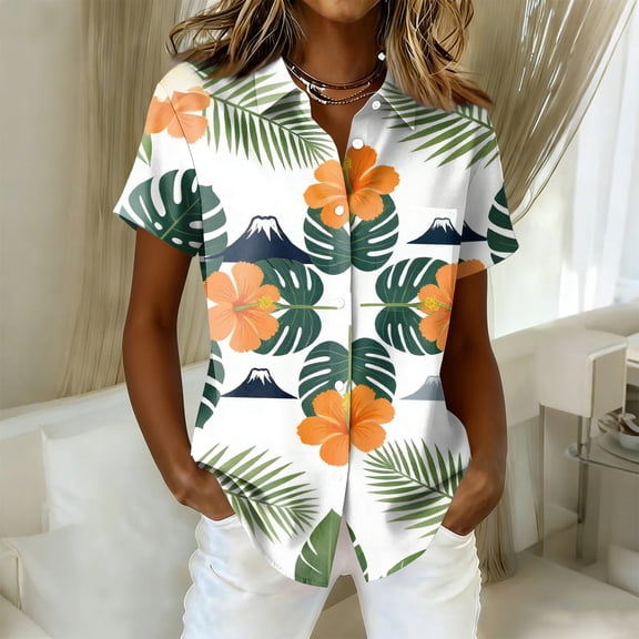 Bbyeadc Hawaiian Shirts for Women Short Sleeve Collared Shirts Button Down Breathable Top Fashion Loose Beach Travel Top,White(S)