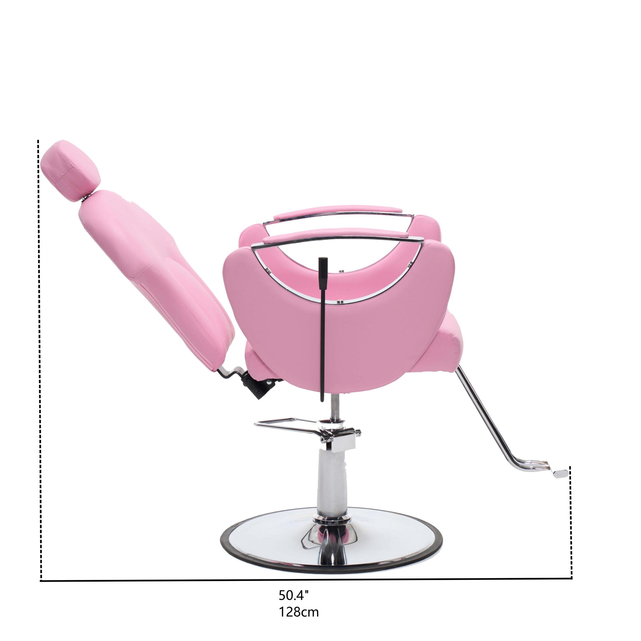 Noble House Hydraulic Barber Chair, Reclining Salon Styling Chair, PU Upholstery, Pink + Chrome