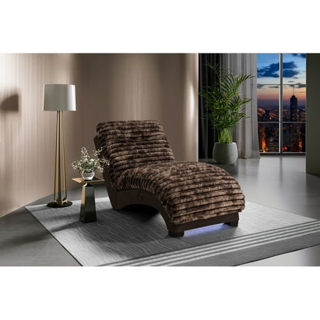 Faux Fur Chaise Lounge with USB Charging Ports, LED Ambient Lighting and Padded Tray for Living Room Bedroom Relaxation, Brown